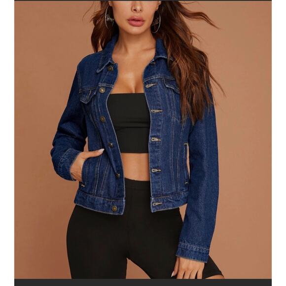 Dark Wash Blue Denim Jean Jacket Classic Button Up / Down Front Pockets - Picture 2 of 7